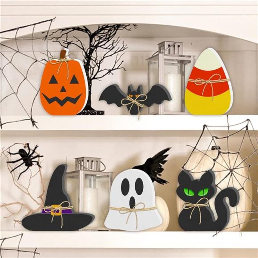 6PCS Halloween Wooden Signs - Pumpkin, Ghost, Bat, Cat, Witch Hat, Candy Corn‎